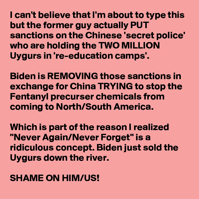 I can't believe that I'm about to type this but the former guy actually PUT sanctions on the Chinese 'secret police' who are holding the TWO MILLION Uygurs in 're-education camps'.

Biden is REMOVING those sanctions in exchange for China TRYING to stop the Fentanyl precurser chemicals from coming to North/South America.

Which is part of the reason I realized "Never Again/Never Forget" is a ridiculous concept. Biden just sold the Uygurs down the river. 

SHAME ON HIM/US!