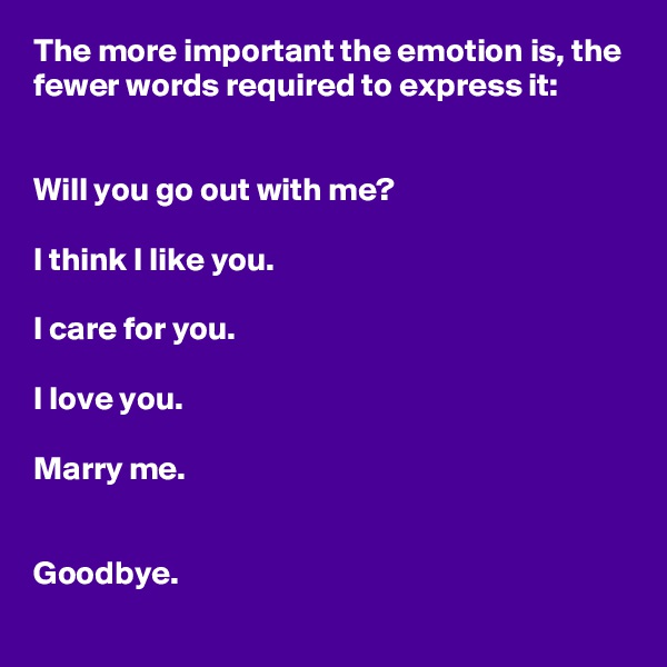 The more important the emotion is, the fewer words required to express it:


Will you go out with me?

I think I like you.

I care for you.

I love you.

Marry me.


Goodbye.