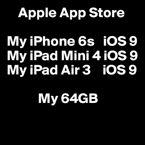     Apple App Store

My iPhone 6s   iOS 9
My iPad Mini 4 iOS 9
My iPad Air 3    iOS 9

           My 64GB