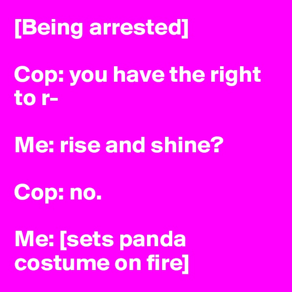 [Being arrested]

Cop: you have the right to r-

Me: rise and shine? 

Cop: no.

Me: [sets panda costume on fire]