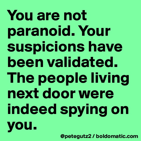 You are not paranoid. Your suspicions have been validated. The people living next door were indeed spying on you.