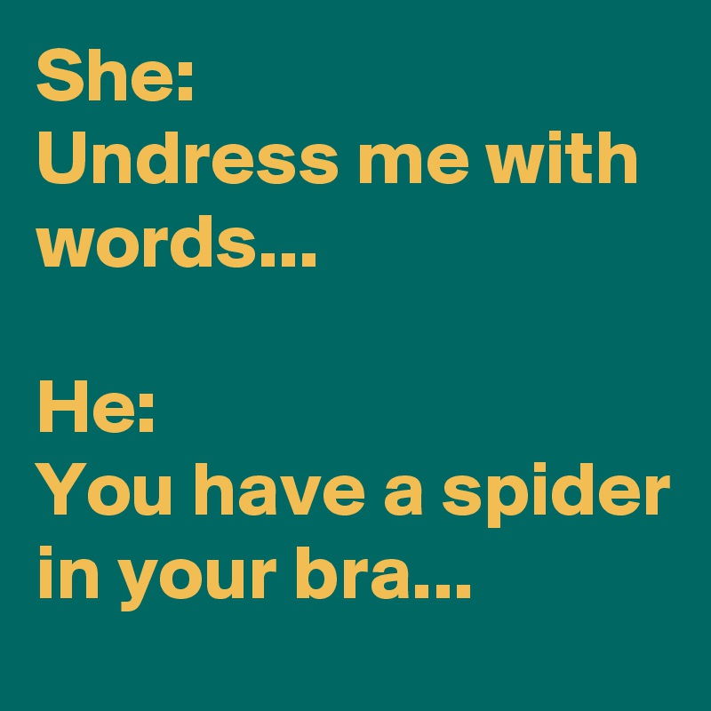 She:
Undress me with words...

He:
You have a spider in your bra...
