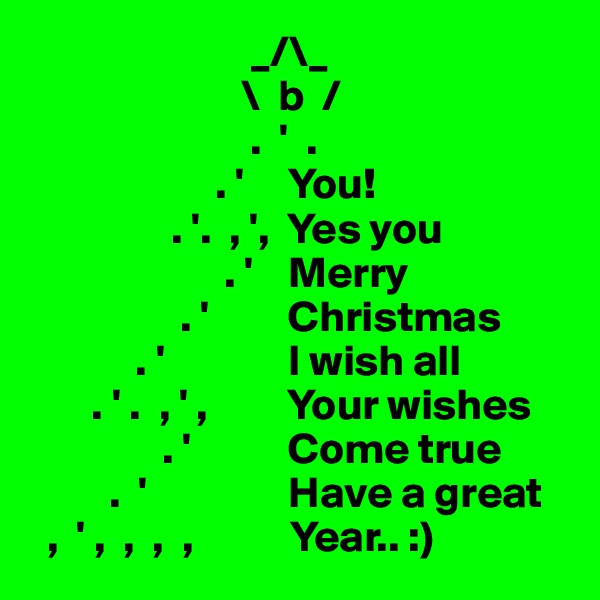                          _/\_
                        \  b  /
                         .  '  .         
                     . '     You!
                . '.  , ',  Yes you
                      . '    Merry
                 . '         Christmas
            . '              I wish all
       . ' .  , ' ,         Your wishes
               . '           Come true
         .  '                Have a great
  ,  ' ,  ,  ,  ,           Year.. :)
