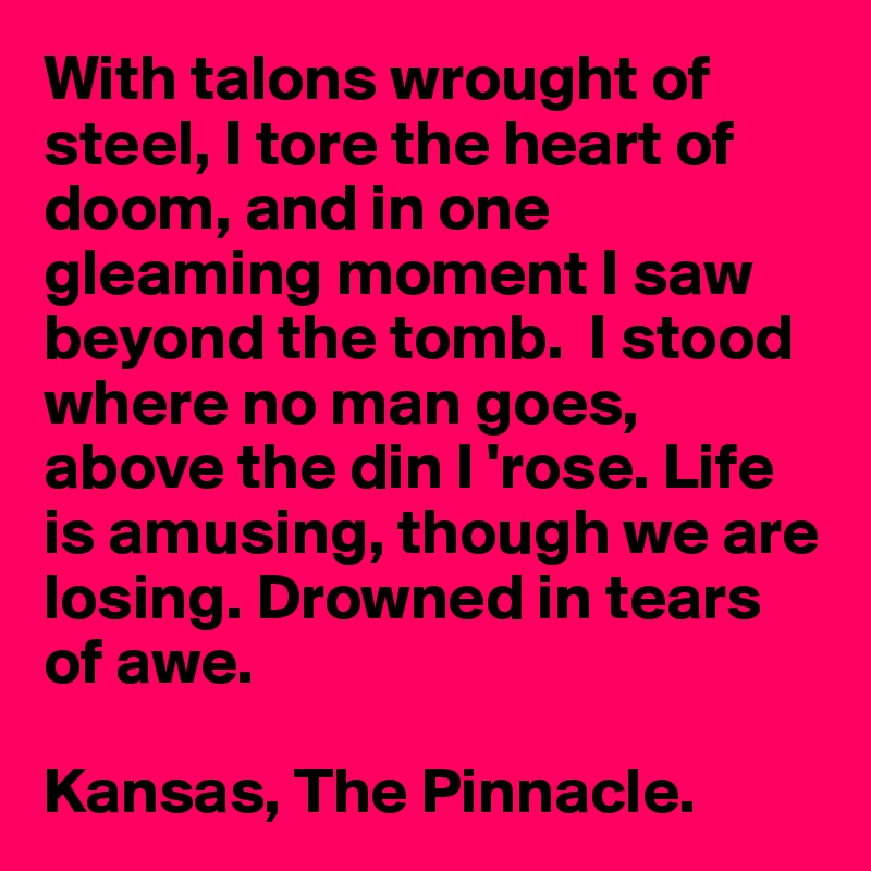 With talons wrought of steel, I tore the heart of doom, and in one gleaming moment I saw beyond the tomb.  I stood where no man goes, above the din I 'rose. Life is amusing, though we are losing. Drowned in tears of awe.     

Kansas, The Pinnacle.