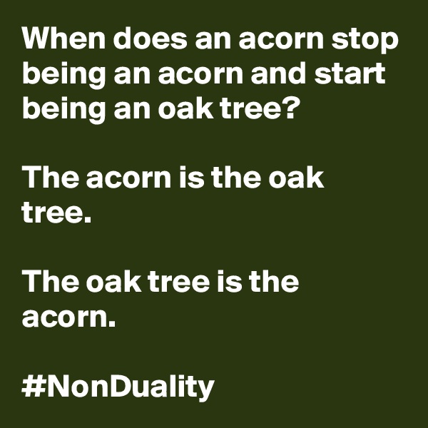 When does an acorn stop being an acorn and start being an oak tree?

The acorn is the oak tree.

The oak tree is the acorn.

#NonDuality