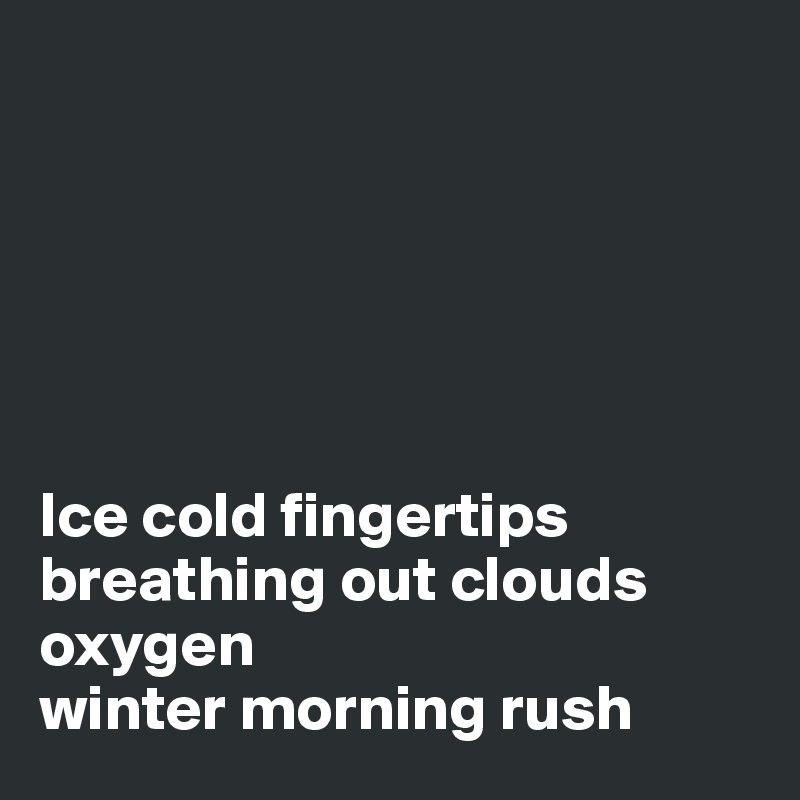 






Ice cold fingertips breathing out clouds oxygen
winter morning rush