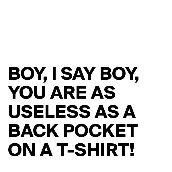 


BOY, I SAY BOY, YOU ARE AS USELESS AS A BACK POCKET ON A T-SHIRT!
