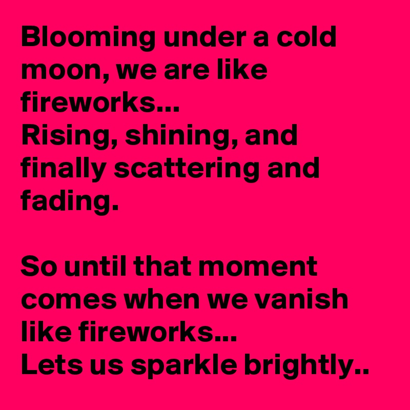 Blooming under a cold moon, we are like fireworks...
Rising, shining, and finally scattering and fading.

So until that moment comes when we vanish like fireworks...
Lets us sparkle brightly..