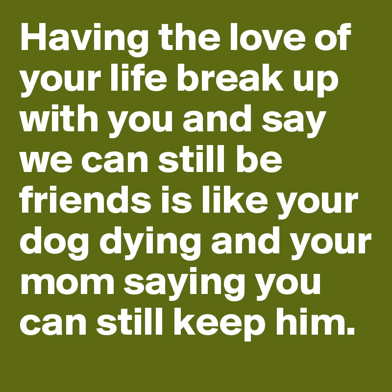 Having the love of your life break up with you and say we can still be friends is like your dog dying and your mom saying you can still keep him.