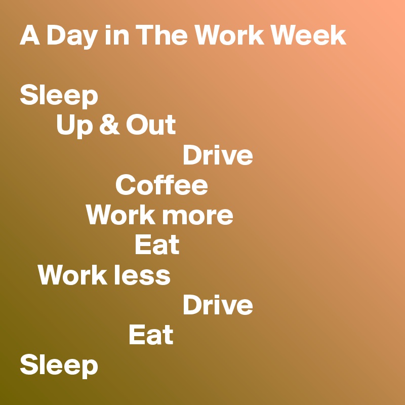 A Day in The Work Week

Sleep
      Up & Out
                           Drive
                Coffee
           Work more
                   Eat
   Work less
                           Drive
                  Eat
Sleep