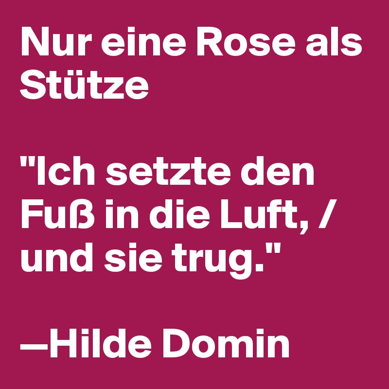 Nur eine Rose als Stütze

"Ich setzte den Fuß in die Luft, /
und sie trug."

—Hilde Domin