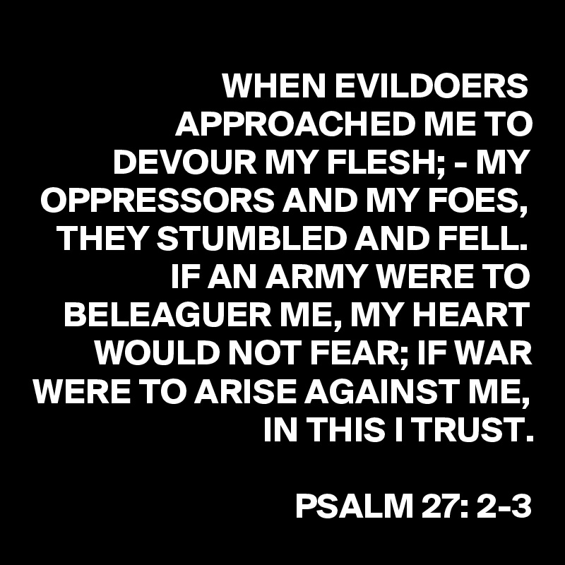 WHEN EVILDOERS APPROACHED ME TO DEVOUR MY FLESH; - MY OPPRESSORS AND MY FOES, THEY STUMBLED AND FELL.
IF AN ARMY WERE TO BELEAGUER ME, MY HEART WOULD NOT FEAR; IF WAR WERE TO ARISE AGAINST ME, IN THIS I TRUST.

PSALM 27: 2-3