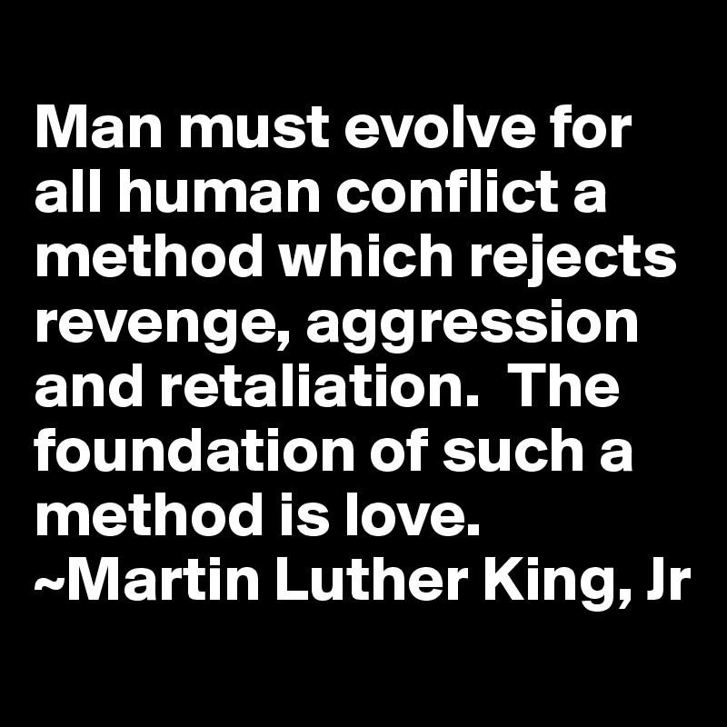 
Man must evolve for all human conflict a method which rejects revenge, aggression and retaliation.  The foundation of such a method is love.
~Martin Luther King, Jr