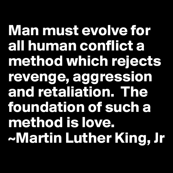 
Man must evolve for all human conflict a method which rejects revenge, aggression and retaliation.  The foundation of such a method is love.
~Martin Luther King, Jr