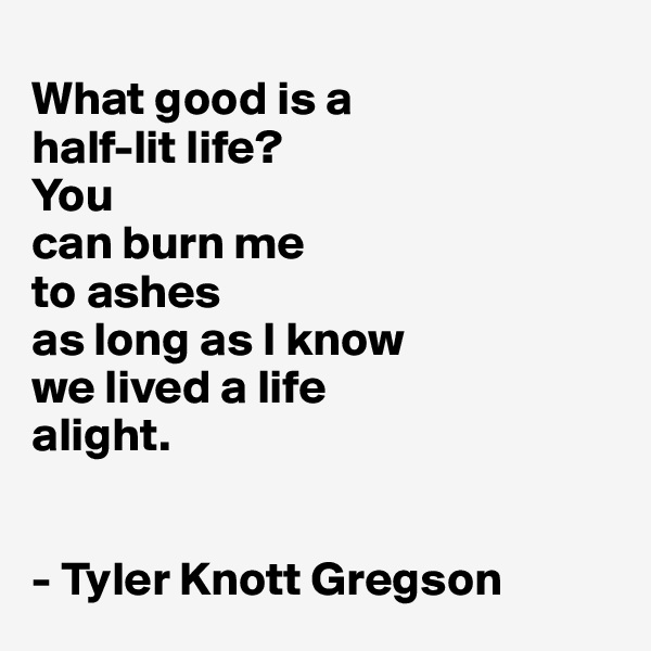 
What good is a 
half-lit life?
You 
can burn me 
to ashes
as long as I know 
we lived a life 
alight. 


- Tyler Knott Gregson