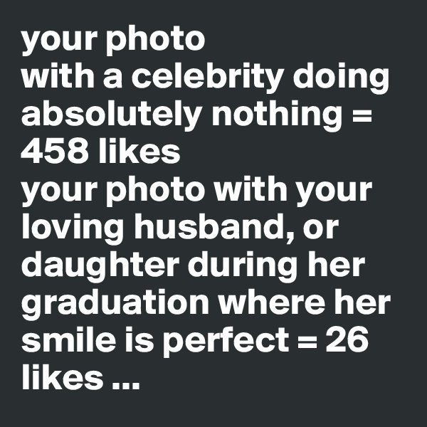 your photo
with a celebrity doing absolutely nothing = 458 likes
your photo with your loving husband, or daughter during her graduation where her smile is perfect = 26 likes ...