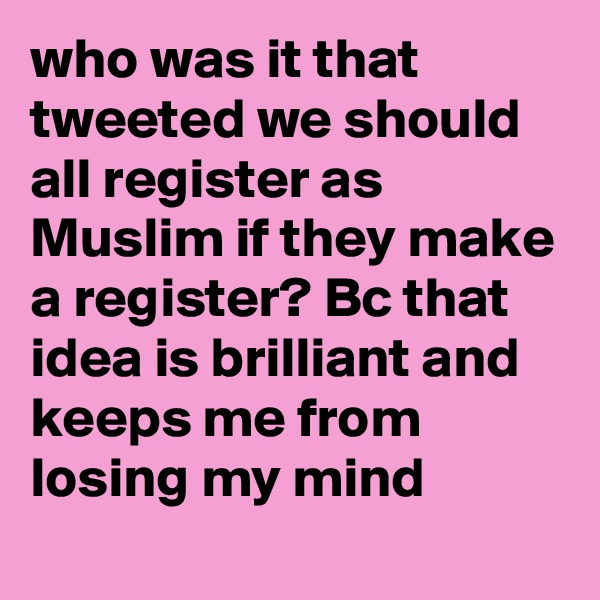 who was it that tweeted we should all register as Muslim if they make a register? Bc that idea is brilliant and keeps me from losing my mind