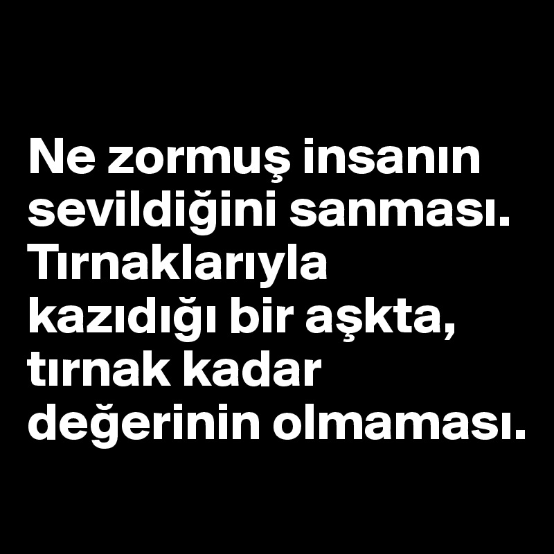 

Ne zormus insanin sevildigini sanmasi. Tirnaklariyla kazidigi bir askta, tirnak kadar degerinin olmamasi. 
