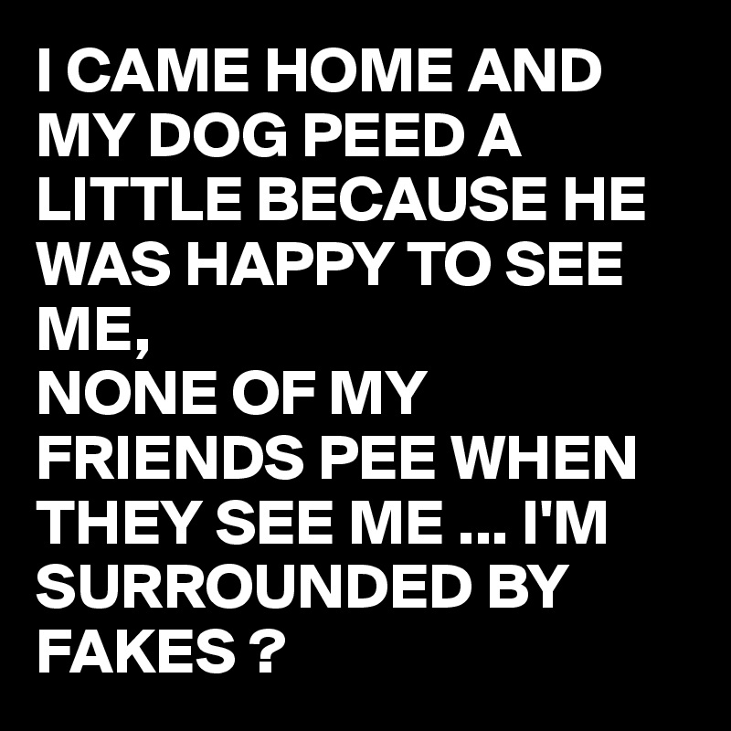 I CAME HOME AND MY DOG PEED A LITTLE BECAUSE HE WAS HAPPY TO SEE ME,
NONE OF MY FRIENDS PEE WHEN THEY SEE ME ... I'M SURROUNDED BY FAKES ?