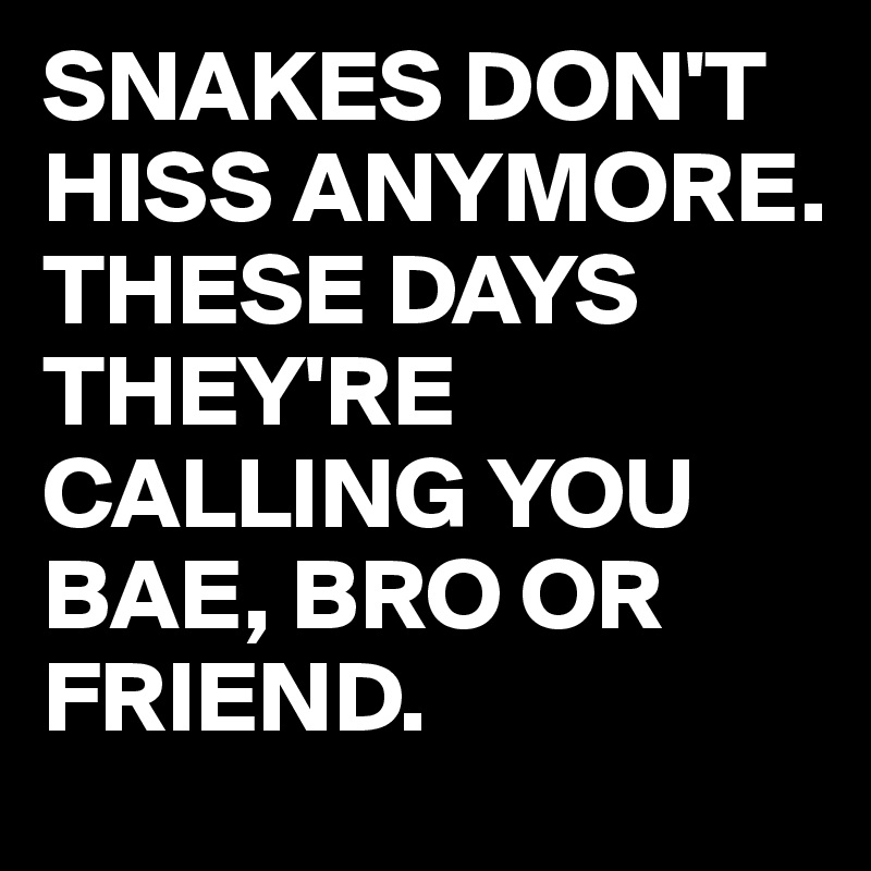 SNAKES DON'T HISS ANYMORE. THESE DAYS THEY'RE CALLING YOU BAE, BRO OR FRIEND.