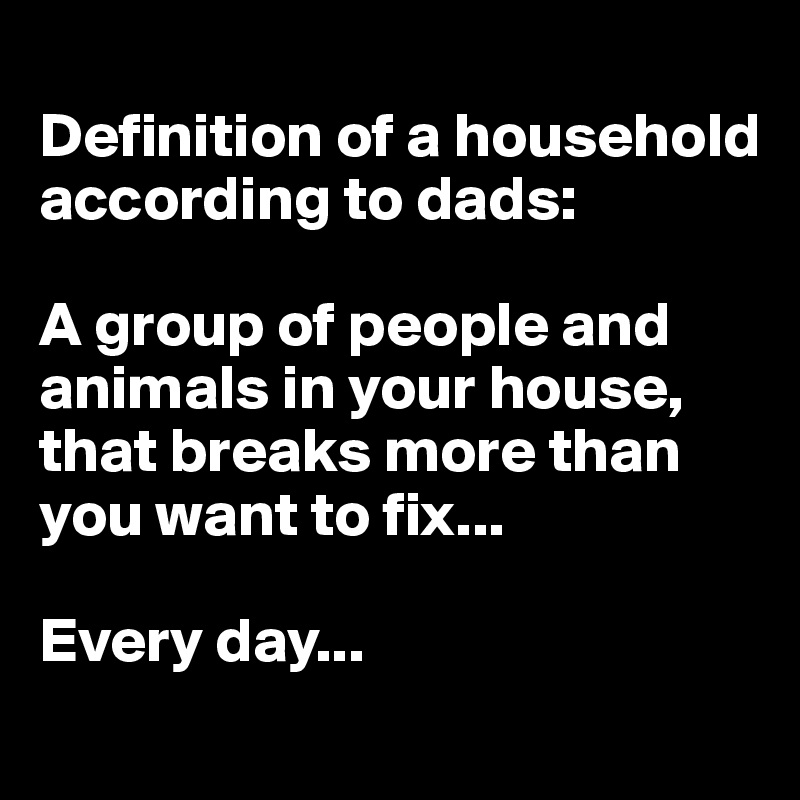 
Definition of a household according to dads:

A group of people and animals in your house, that breaks more than you want to fix...

Every day...
