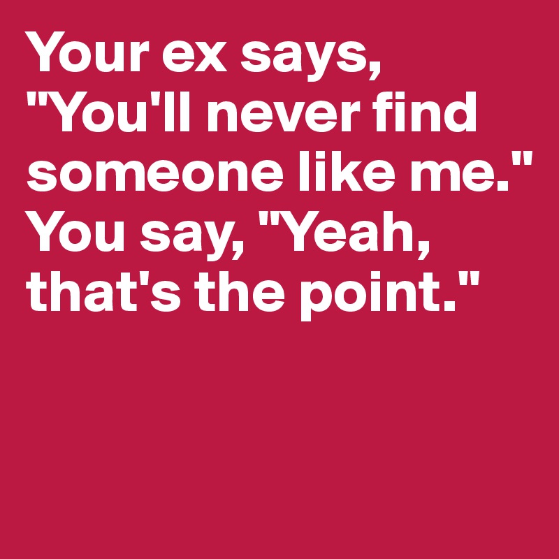Your ex says, "You'll never find someone like me."
You say, "Yeah, that's the point."


