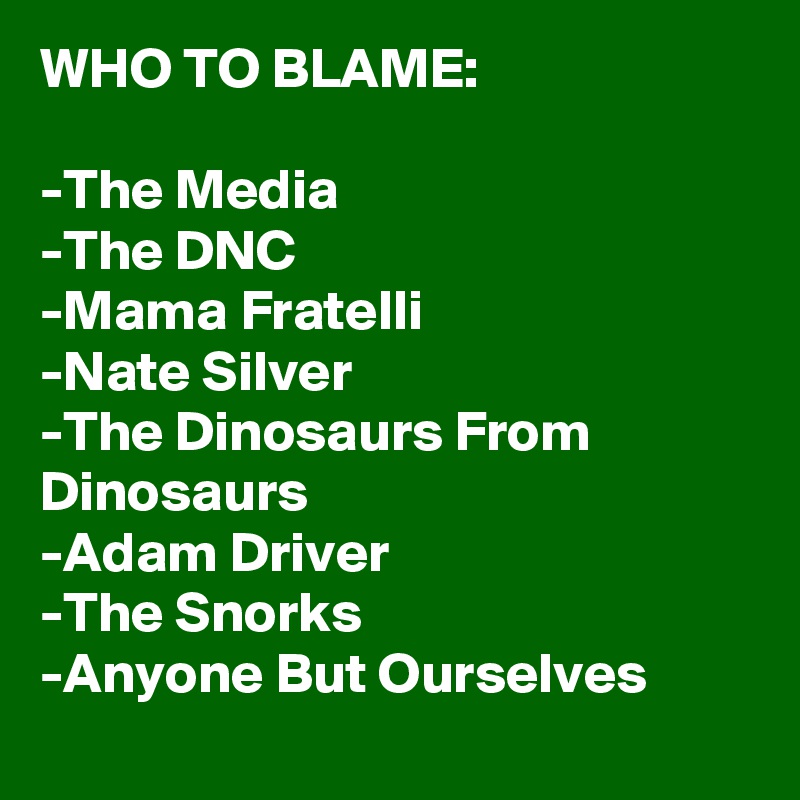WHO TO BLAME:

-The Media
-The DNC
-Mama Fratelli
-Nate Silver
-The Dinosaurs From Dinosaurs
-Adam Driver
-The Snorks
-Anyone But Ourselves