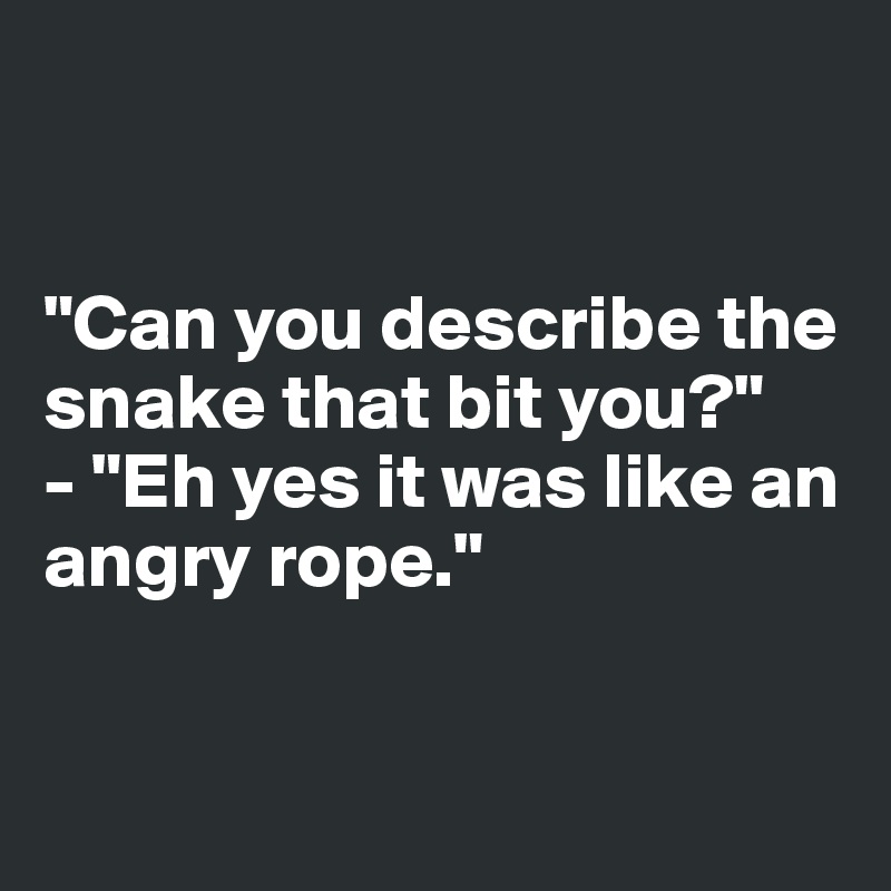 


"Can you describe the snake that bit you?"
- "Eh yes it was like an angry rope."


