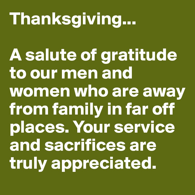 Thanksgiving...

A salute of gratitude to our men and women who are away from family in far off places. Your service and sacrifices are truly appreciated.