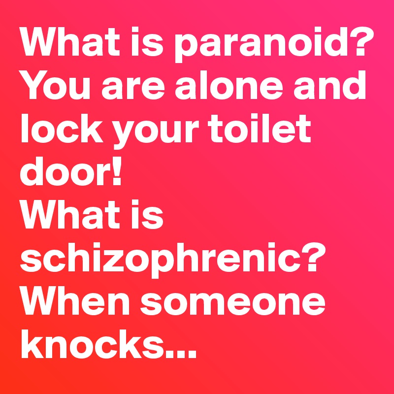 What is paranoid? 
You are alone and lock your toilet door!
What is schizophrenic? 
When someone knocks...