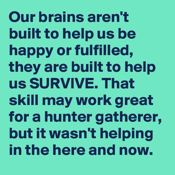 Our brains aren't built to help us be happy or fulfilled, they are built to help us SURVIVE. That skill may work great for a hunter gatherer, but it wasn't helping  in the here and now.