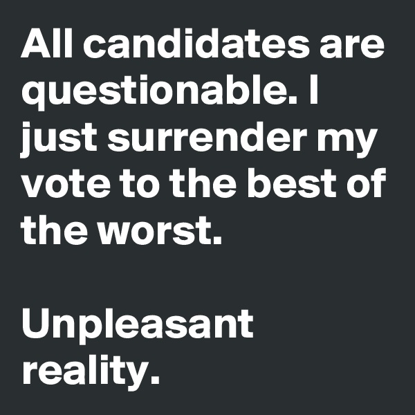 All candidates are questionable. I just surrender my vote to the best of the worst.

Unpleasant reality.