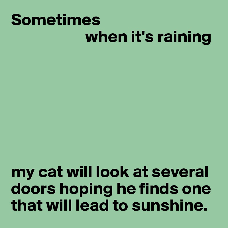 Sometimes
                      when it's raining







my cat will look at several doors hoping he finds one that will lead to sunshine.