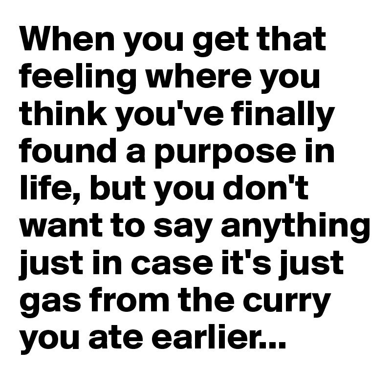 When you get that feeling where you think you've finally found a purpose in life, but you don't want to say anything just in case it's just gas from the curry you ate earlier...