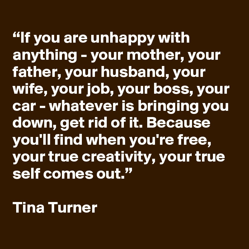 
“If you are unhappy with anything - your mother, your father, your husband, your wife, your job, your boss, your car - whatever is bringing you down, get rid of it. Because you'll find when you're free, your true creativity, your true self comes out.”

Tina Turner