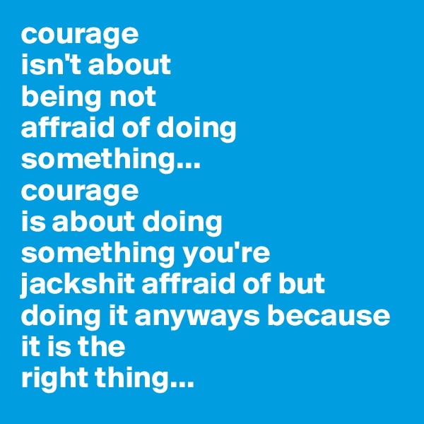 courage 
isn't about 
being not 
affraid of doing something...
courage 
is about doing 
something you're
jackshit affraid of but doing it anyways because it is the 
right thing...