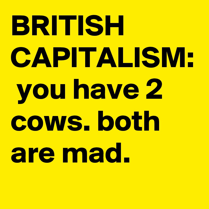 BRITISH CAPITALISM:  you have 2 cows. both are mad.