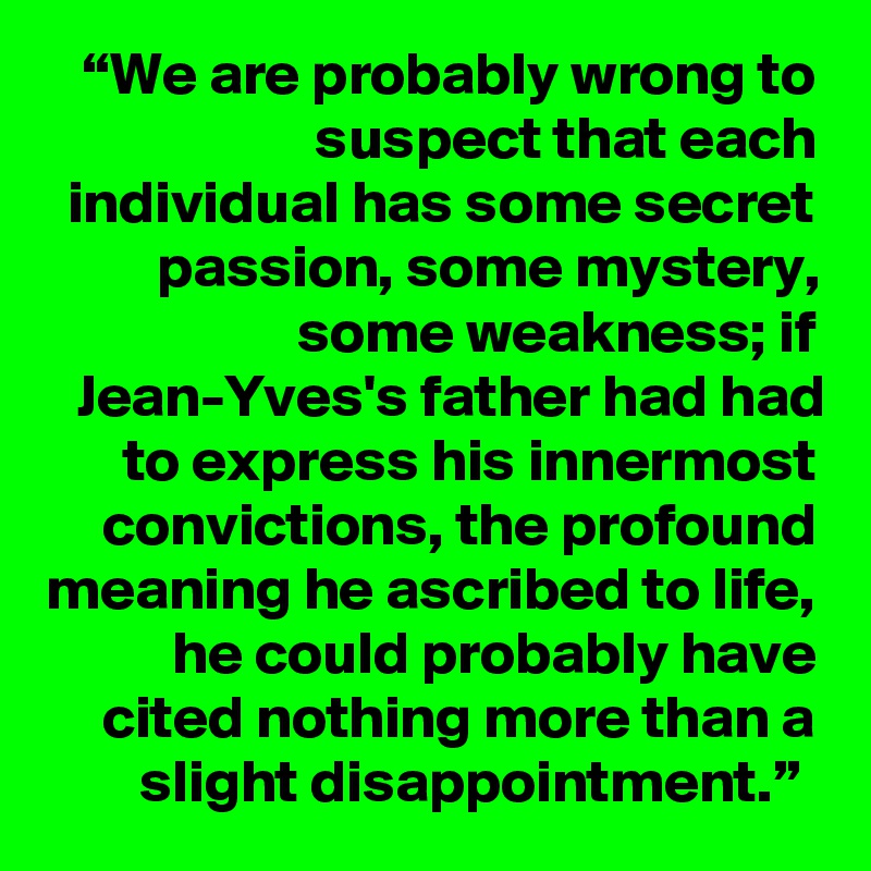 “We are probably wrong to suspect that each individual has some secret passion, some mystery, some weakness; if Jean-Yves's father had had to express his innermost convictions, the profound meaning he ascribed to life, he could probably have cited nothing more than a slight disappointment.” 