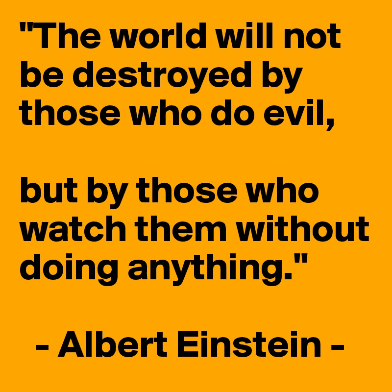 "The world will not be destroyed by those who do evil,

but by those who watch them without doing anything."

  - Albert Einstein -