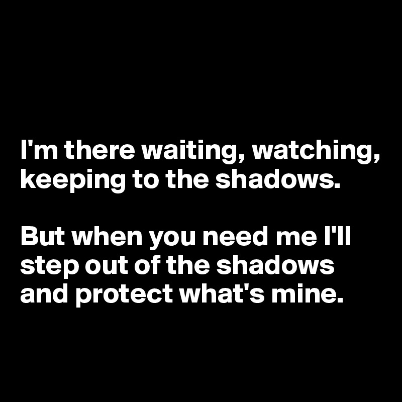



I'm there waiting, watching, keeping to the shadows.

But when you need me I'll step out of the shadows and protect what's mine.

