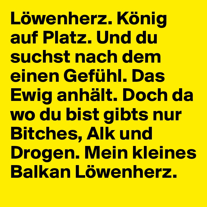 Löwenherz. König auf Platz. Und du suchst nach dem einen Gefühl. Das Ewig anhält. Doch da wo du bist gibts nur Bitches, Alk und Drogen. Mein kleines Balkan Löwenherz.