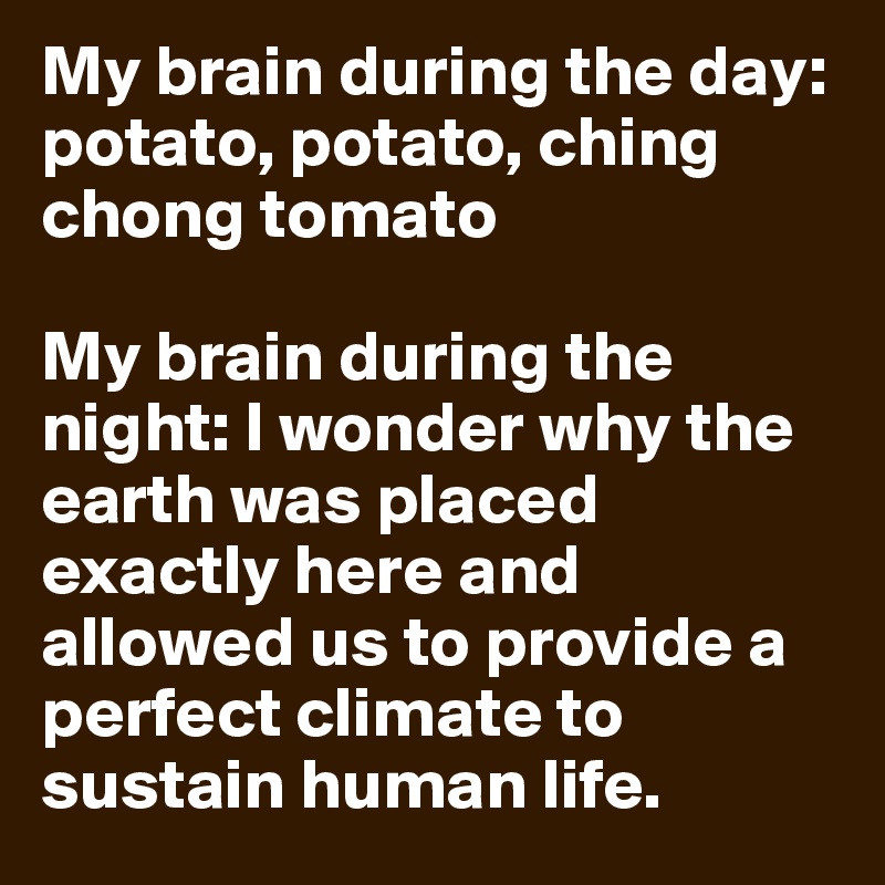 My brain during the day: potato, potato, ching chong tomato

My brain during the night: I wonder why the earth was placed exactly here and allowed us to provide a perfect climate to sustain human life. 