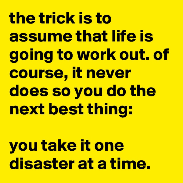 the trick is to assume that life is going to work out. of course, it never does so you do the next best thing:

you take it one disaster at a time.