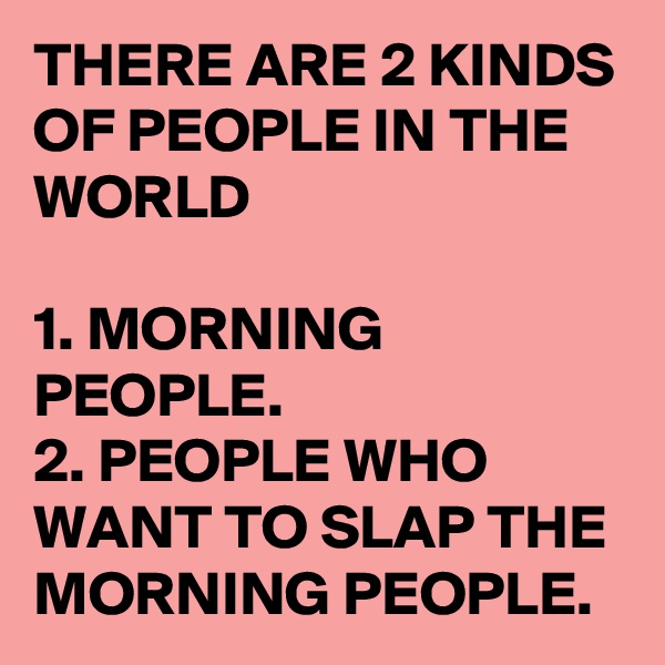 THERE ARE 2 KINDS OF PEOPLE IN THE WORLD

1. MORNING PEOPLE.
2. PEOPLE WHO WANT TO SLAP THE MORNING PEOPLE. 