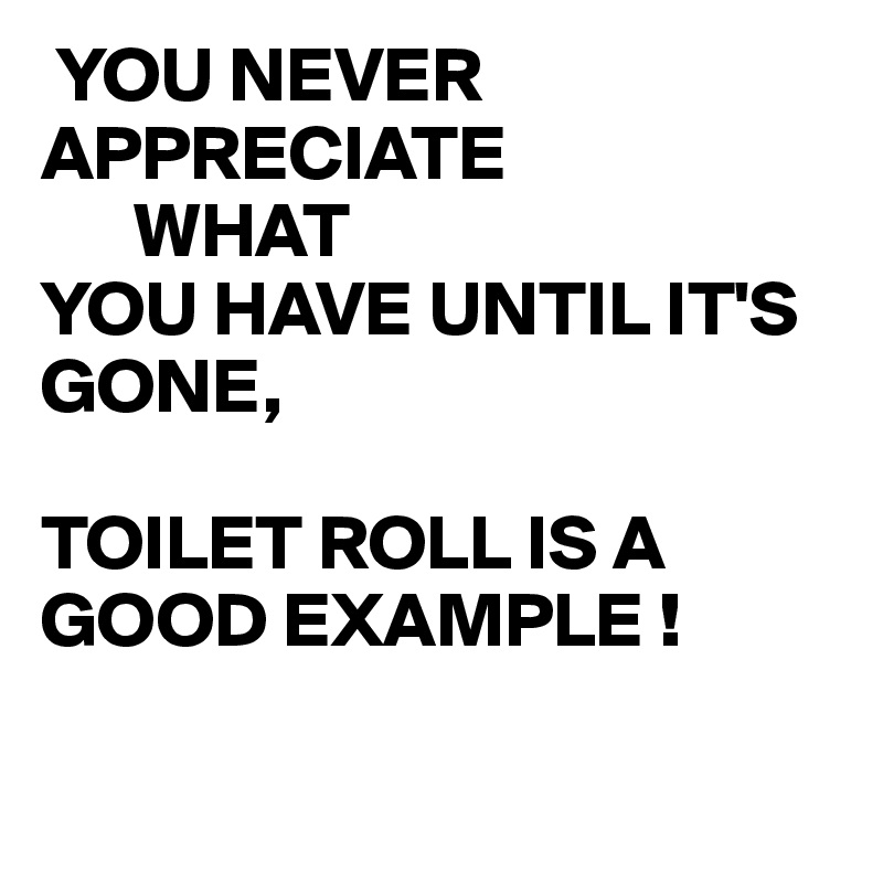  YOU NEVER
APPRECIATE
      WHAT
YOU HAVE UNTIL IT'S GONE,

TOILET ROLL IS A GOOD EXAMPLE !

