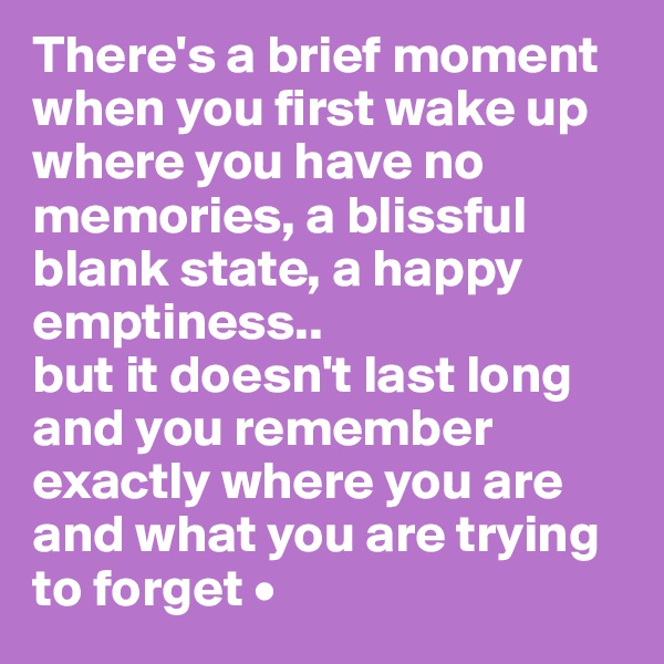 There's a brief moment when you first wake up where you have no memories, a blissful blank state, a happy emptiness..
but it doesn't last long and you remember exactly where you are and what you are trying to forget •