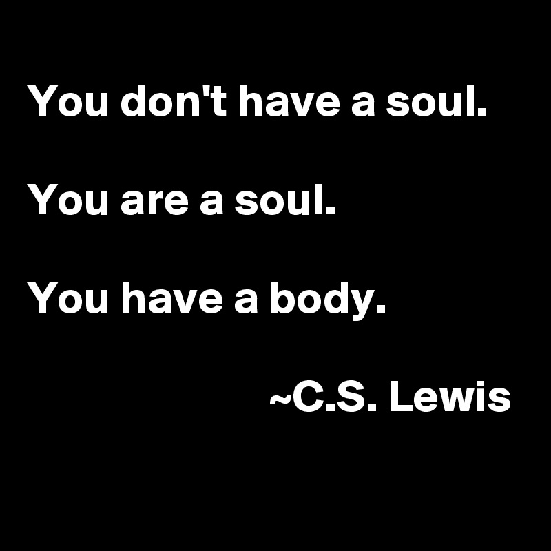 
You don't have a soul.

You are a soul.

You have a body.

                          ~C.S. Lewis
