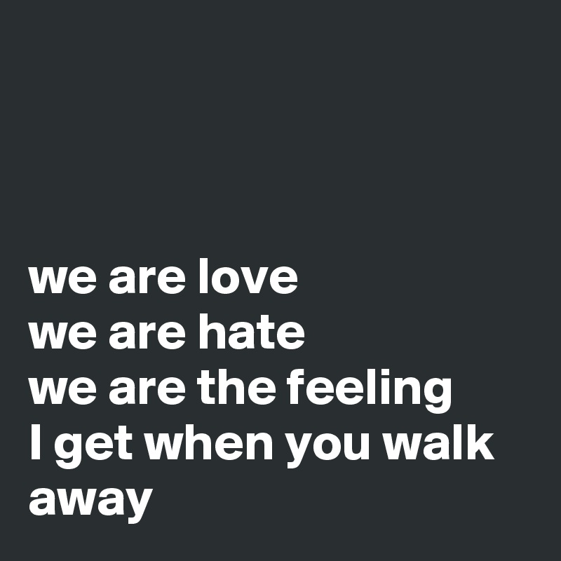 



we are love
we are hate
we are the feeling 
I get when you walk away