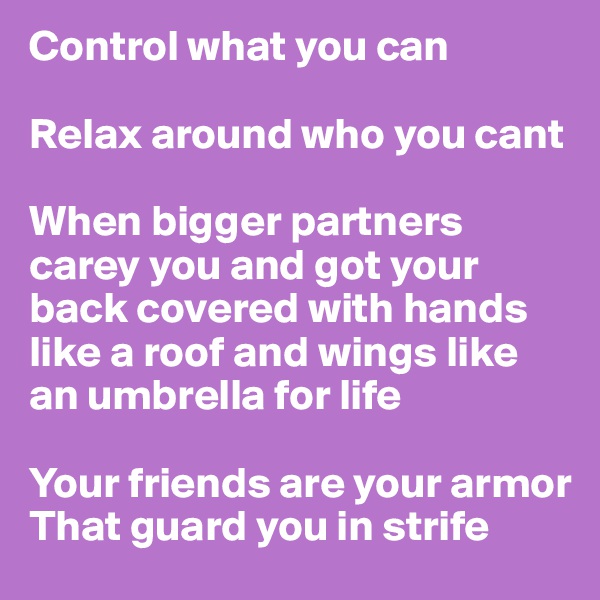 Control what you can 

Relax around who you cant

When bigger partners carey you and got your back covered with hands like a roof and wings like an umbrella for life

Your friends are your armor
That guard you in strife 