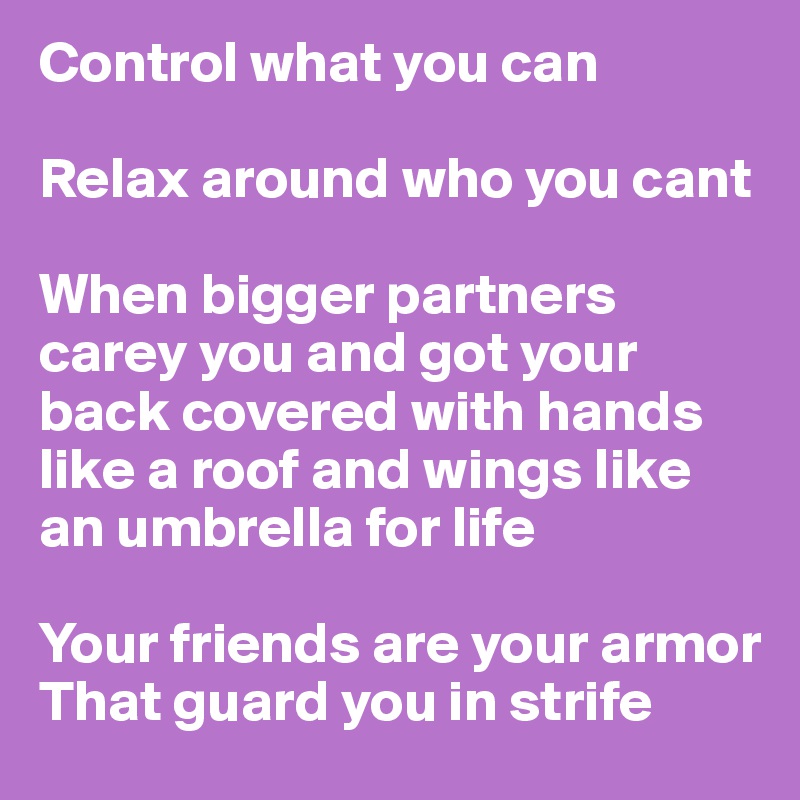 Control what you can 

Relax around who you cant

When bigger partners carey you and got your back covered with hands like a roof and wings like an umbrella for life

Your friends are your armor
That guard you in strife 